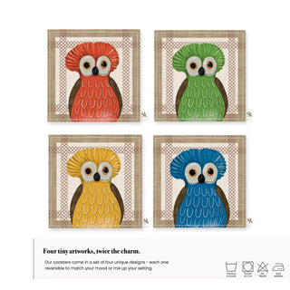 Owl Vanilla Linen Coaster / Set 4